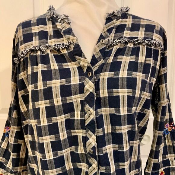 Sweewe Paris Blue Plaid Embroidered Sleeve Fringe Cropped Sleeve Cotton Top Sm - Picture 2 of 11